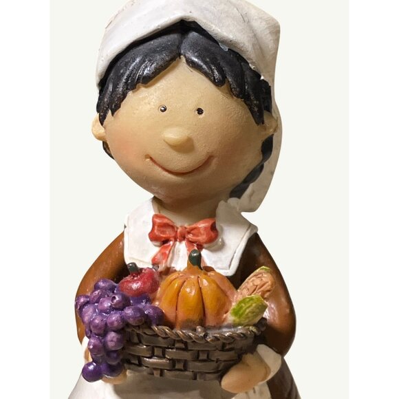 Thanksgiving Pilgrim Couple Figurines Holding Turkey & Harvest Baskets - Picture 2 of 10